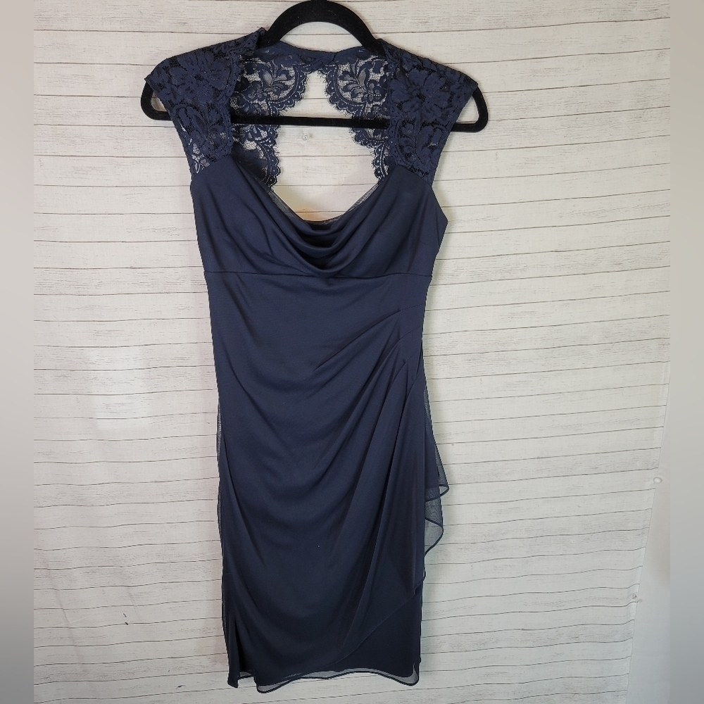 XSCAPE BY JOANNA CHEN NAVY LACE CAP SLEEVE SATIN DRESS, SZ 2